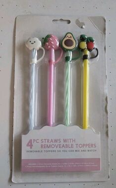 4-Count‎ Reusable Straws Removable Toppers  CLOUD AVOCADO STRAWBERRY CHERRY NEW